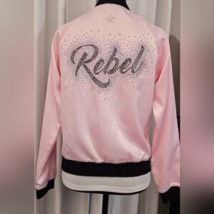 ☆RARE☆ Rebel Cheer Satin Bedazzled Bomber Jacket in PINK and Black 🩷 SIZE AXS
